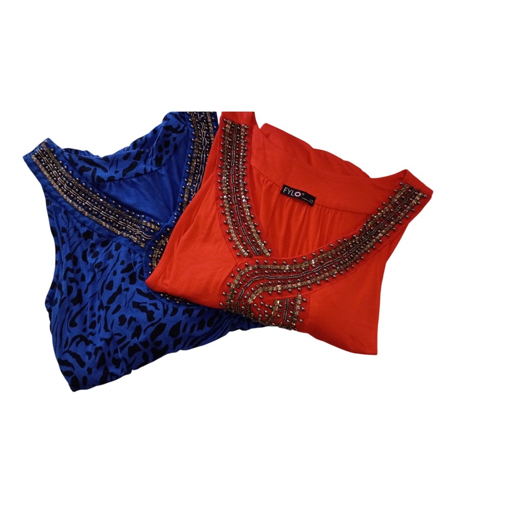 Lot of 2 FYLO Beaded Handkerchief Tunics Orange Blue Animal Print Size L Cruise‎